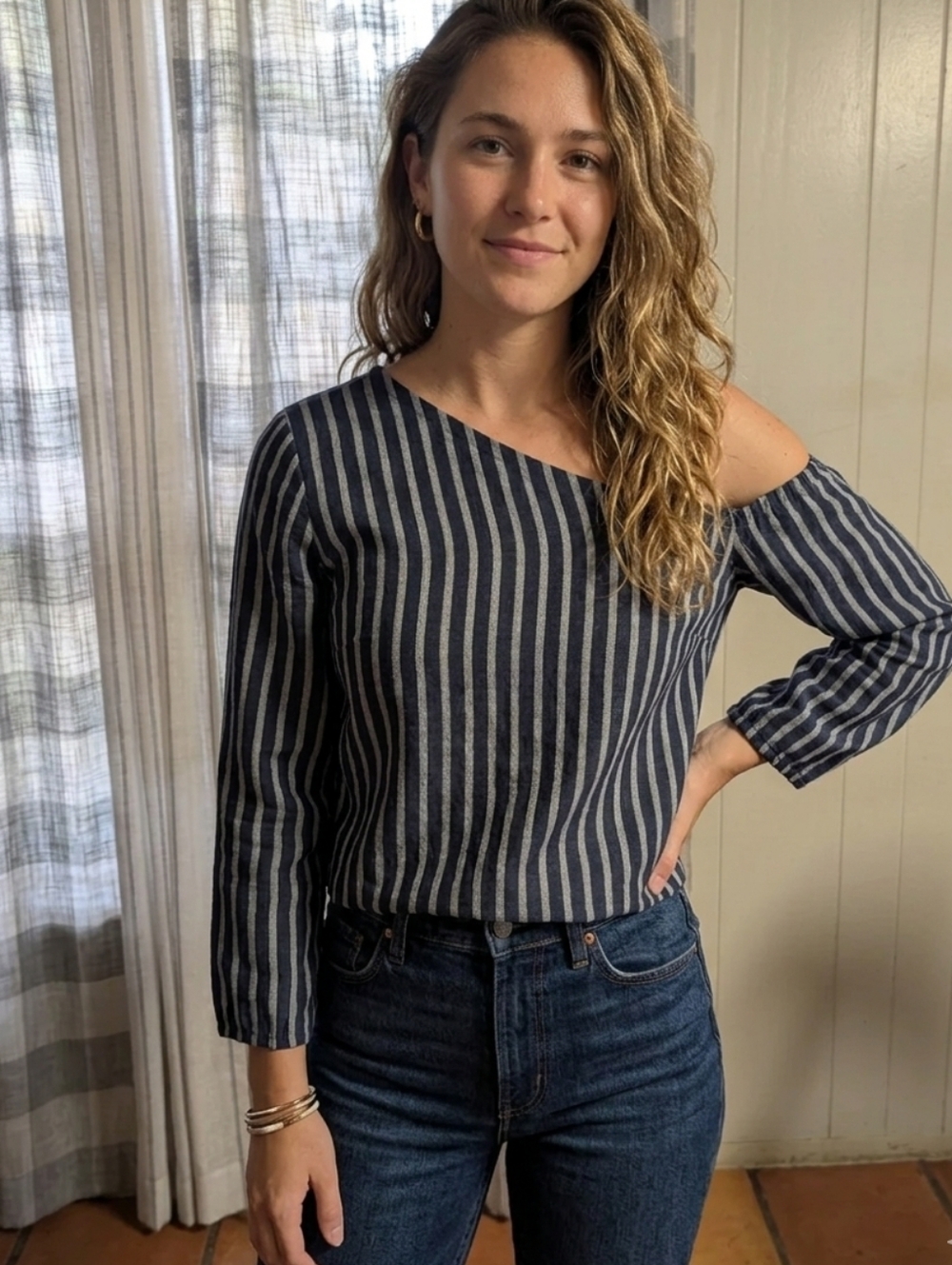 Banana Republic Navy Blue And Gray Shoulder Off Striped Top.